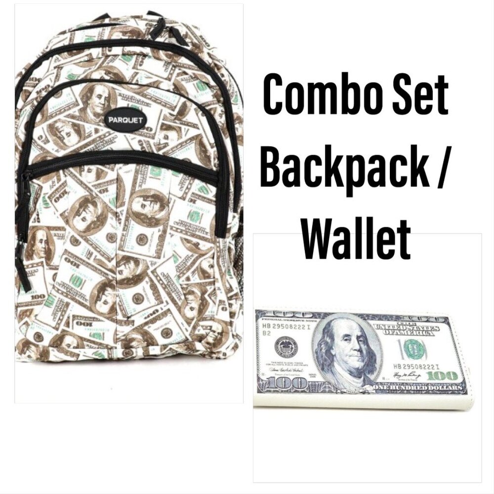 Combo Set - Money Print Theme - $100 Pattern - Backpack & Wallet- NWT- Gift Idea